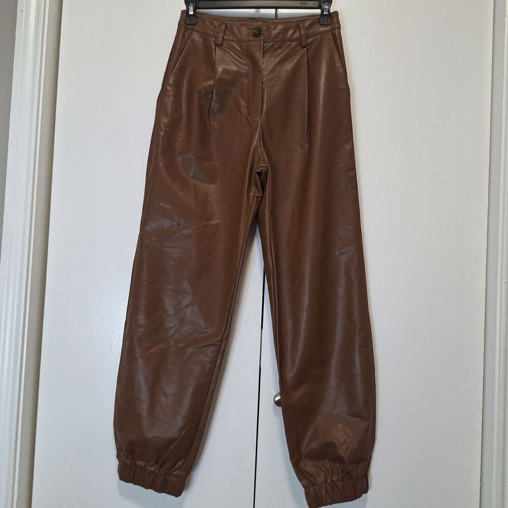Olivaceous Brown Faux Leather Cuffed Ankle Pants